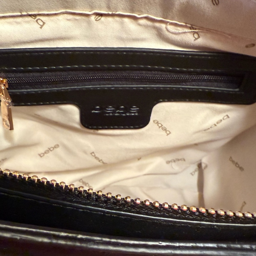 Bebe NWT Black Brown Rhinestone Studs Shoulder Satchel Bag & Leopard Bag Charm - Picture 10 of 12